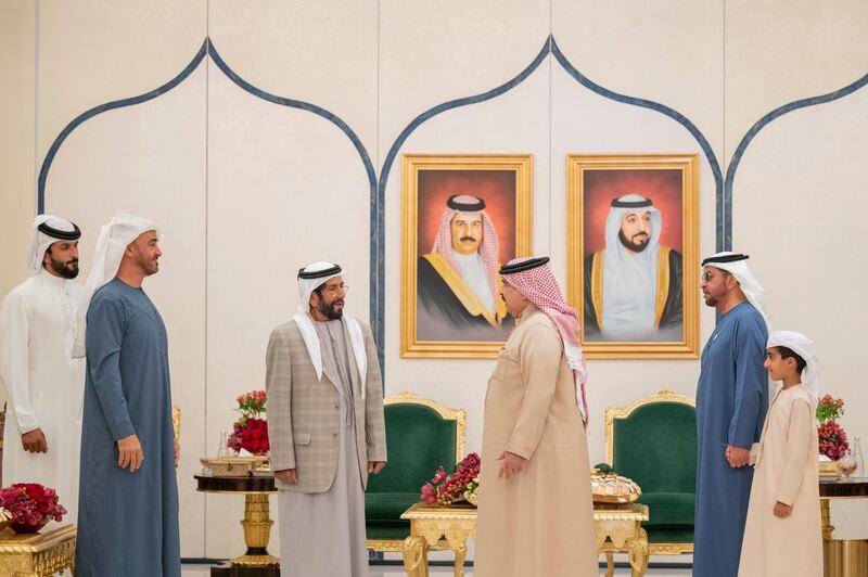 ABU DHABI, UNITED ARAB EMIRATES - February 22, 2021: HM King Hamad bin Isa Al Khalifa, King of Bahrain (3rd R), receives HH Sheikh Hamdan bin Zayed Al Nahyan, Ruler’s Representative in Al Dhafra Region (2nd R), HH Sheikh Tahnoon bin Mohamed Al Nahyan, Ruler's Representative in Al Ain Region (4th R) and HH Sheikh Mohamed bin Zayed Al Nahyan, Crown Prince of Abu Dhabi and Deputy Supreme Commander of the UAE Armed Forces (5th R). Seen with HH Sheikh Nasser bin Hamad bin Isa Al Khalifa (L).

( Mohamed Al Hammadi / Ministry of Presidential Affairs )
---