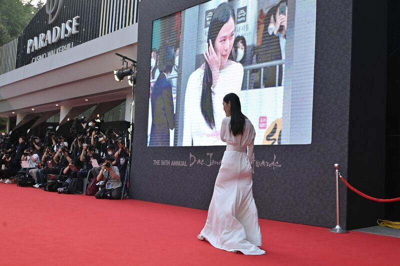 South Korean actress Kim Sae-byuk walks on the red carpet of the 56th annual Daejong Film Awards in Seoul on June 3, 2020 amid the ongoing coronavirus pandemic. AFP