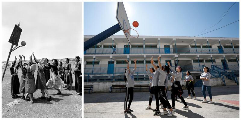 A combination picture shows young women playing basketball at the Women's Activity Centre in Qalandia in the Israeli-occupied West Bank, in this undated handout photo. UNRWA/Handout via REUTERS (L) and Palestinian school girls playing basketball at UNRWA's Qalandia school in the Israeli-occupied West Bank, September 17, 2019. REUTERS/Mohamad Torokman ATTENTION EDITORS - THIS IMAGE WAS PROVIDED BY A THIRD PARTY. NO RESALES. NO ARCHIVES SEARCH "UNRWA COMBOS" FOR THIS STORY. SEARCH "WIDER IMAGE" FOR ALL STORIES.