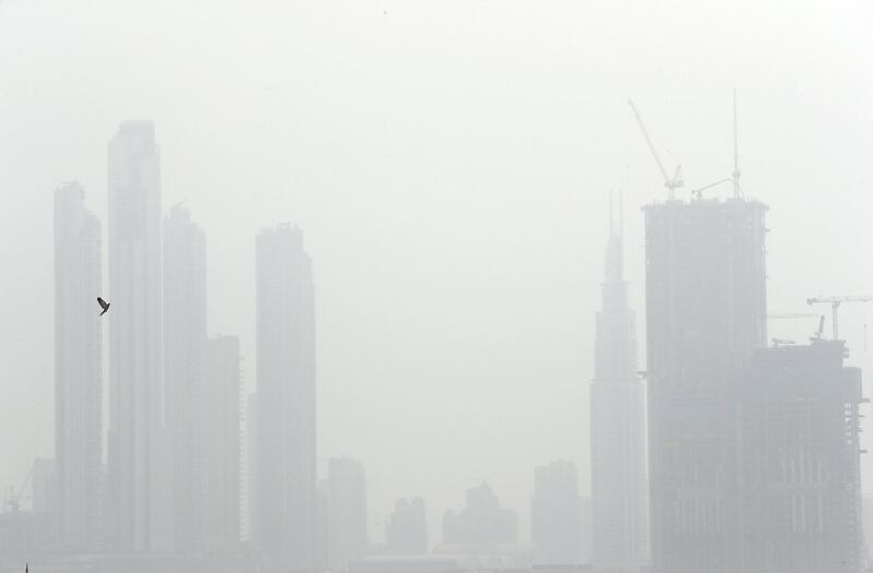 DUBAI, UNITED ARAB EMIRATES , Feb 26  – 2020 :-  Dubai skyline during the cloudy weather after the sandstorm in the morning in Dubai. (Pawan Singh / The National) For News/Online