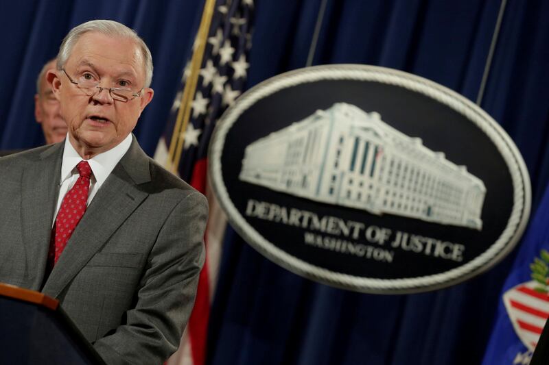 FILE PHOTO: U.S. Attorney General Jeff Sessions speaks at a briefing at the Justice Department in Washington, DC, U.S. on August 4, 2017.    REUTERS/Yuri Gripas/File Photo