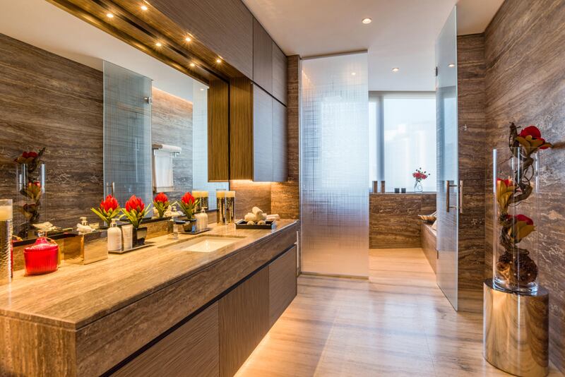 One of the bathrooms in the Volante Tower apartment. Courtesy Luxury Property