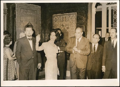 Lady Yvonne Sursock Cochrane at the opening of the exhibition Tapis d’Orient at the Sursock Museum, 1963. Sursock Museum archive