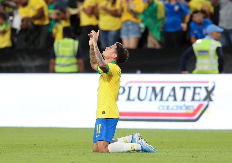 Abu Dhabi, United Arab Emirates - November 19, 2019: Brazils Philippe Coutinho scores the game between Brazil and South Korea. Tuesday, November 19th, 2017 at Mohammed Bin Zayed Stadium, Abu Dhabi. Chris Whiteoak / The National