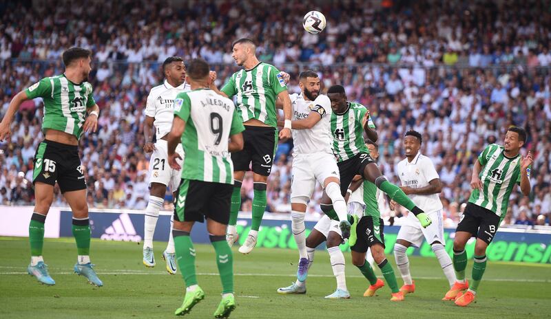 Karim Benzema heads the ball during the match between Real Madrid and Real Betis. Getty Images