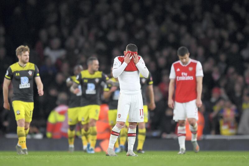 LONDON, ENGLAND - NOVEMBER 23: Lucas Torreira of Arsenal reacts after Southampton's second goal  during the Premier League match between Arsenal FC and Southampton FC at Emirates Stadium on November 23, 2019 in London, United Kingdom. (Photo by Shaun Botterill/Getty Images)