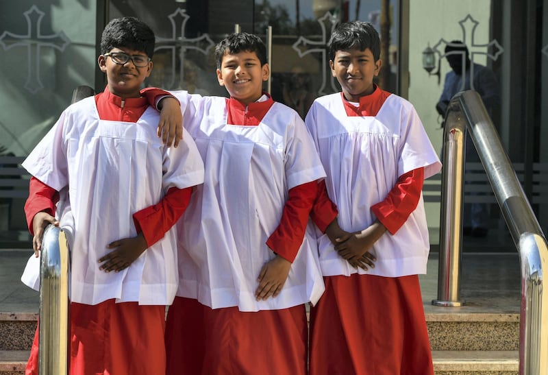 Abu Dhabi, United Arab Emirates - Left, Allen Joseph, Daksh Pandit and Ashten Raja part of the choir group saw the Pope at St. JosephÕs Cathedral on February 5, 2019. Khushnum Bhandari for The National