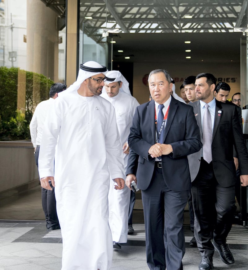 SINGAPORE, SINGAPORE - February 28, 2019: HH Sheikh Mohamed bin Zayed Al Nahyan, Crown Prince of Abu Dhabi and Deputy Supreme Commander of the UAE Armed Forces (L) tours Mubadala's GLOBALFOUNDRIES semiconductor facility. Seen with Kay Chai Ang, Senior Vice President and General Manager for GlobalFoundries Asia and Europe Operations (R).
( Eissa Al Hammadi for the Ministry of Presidential Affairs )
---