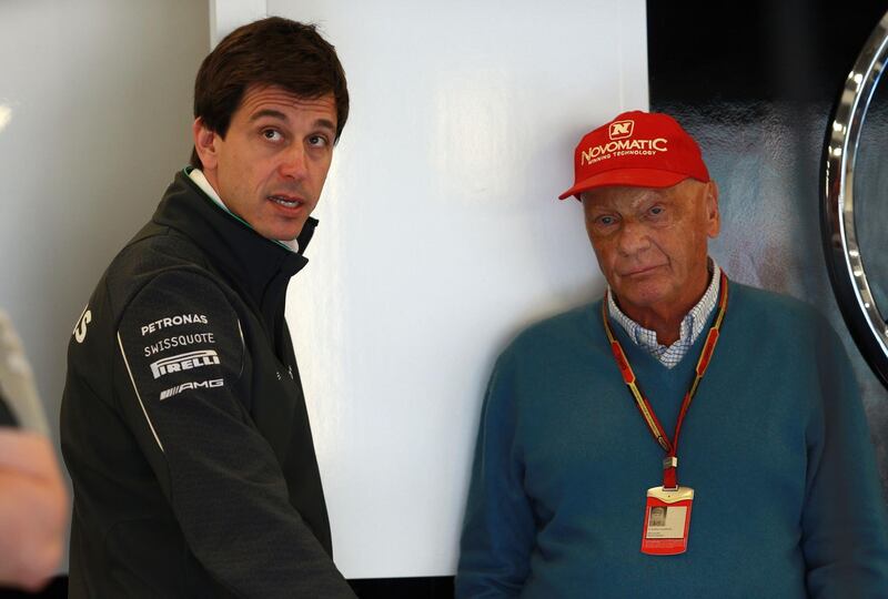 File photo dated 04-07-2014 of Mercedes Toto Wolff (left) and Niki Lauda. PRESS ASSOCIATION Photo. Issue date: Tuesday May 21, 2019. Formula 1 racing team McLaren said it is “deeply saddened” to learn that three-time world champion driver Niki Lauda has died, following reports of his death at the age of 70. See PA story AUTO Lauda. Photo credit should read David Davies/PA Wire.