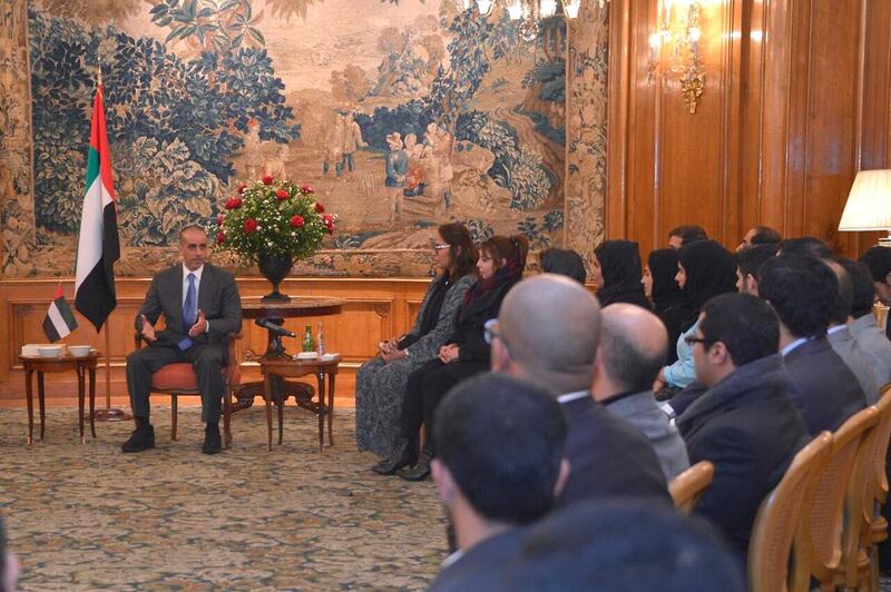  Lt Gen Sheikh Saif bin Zayed, Deputy Prime Minister and Minister of the Interior, on Tuesday met a group of Emirati students in Paris who are studying at various French universities and institutions. Courtesy Ministry of Interior