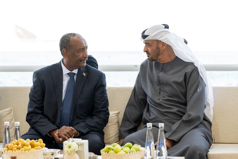 President Sheikh Mohamed meets Lt Gen Abdel Fattah Al Burhan, chairman of Sudan's Sovereign Council, in Abu Dhabi. All photos: Presidential Court
