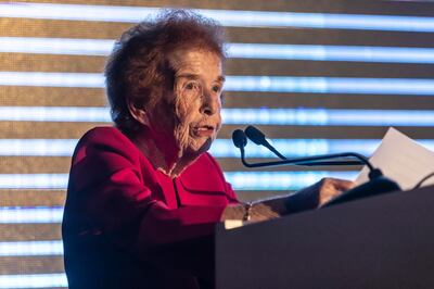 Holocaust survivor Eve Kugler addresses an audience in Dubai in November. Antonie Robertson / The National

