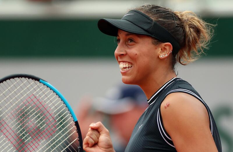 epa07621953 Madison Keys of the USA reacts after winning against Katerina Siniakova of the Czech Republic their women’s round of 16 match during the French Open tennis tournament at Roland Garros in Paris, France, 03 June 2019.  EPA/SRDJAN SUKI