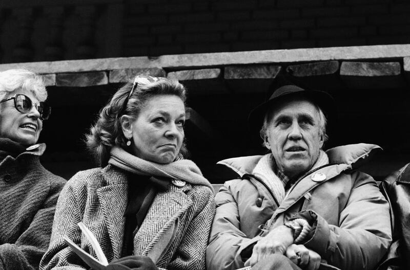 Lauren Bacall and Jason Robards, right, at a rally to save the Morosco and Helen Hayes Theatres in New York. AP