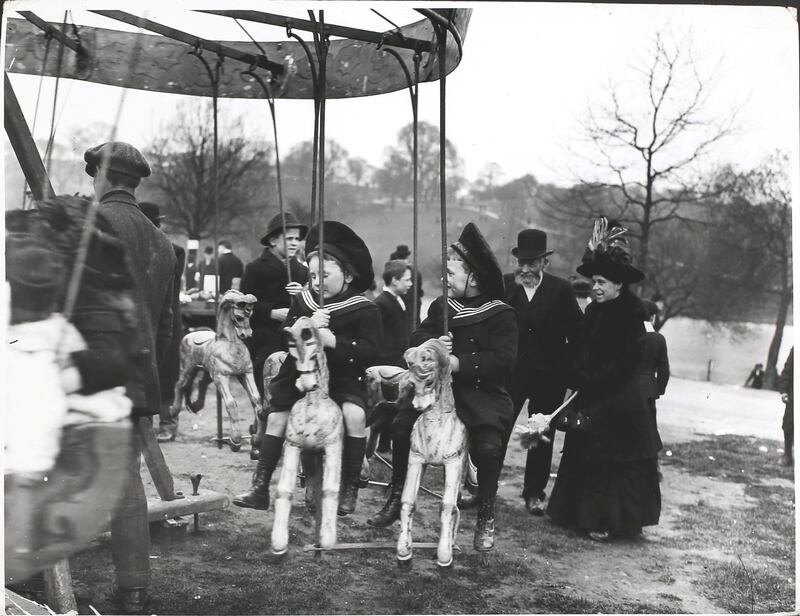 The children's roundabout or carousel at Hampstead Heath fairground, London, April 1912. (Photo by Hulton Archive/Getty Images)