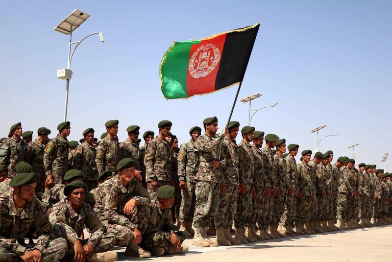 epa07745786 Afghan soldiers attend their graduation ceremony in Herat, Afghanistan, 28 July 2019. Some 1000 soldiers and officers graduated from a three-month military course and commissioned to the West of country army. Since the NATO combat mission ended in January 2015, the insurgents have been gaining ground in various parts of Afghanistan and currently control, influence or are fighting the government in least 43 per cent of the country, according to the US.  EPA/JALIL REZAYEE