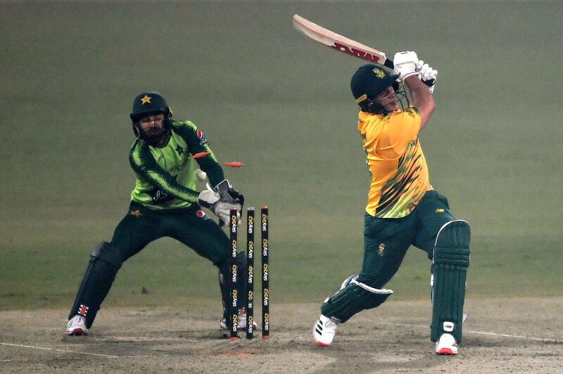 South Africa's Jacques Snyman is bowled by Pakistan leg-spinner Usman Qadir at the Gaddafi Cricket Stadium in Lahore. AFP