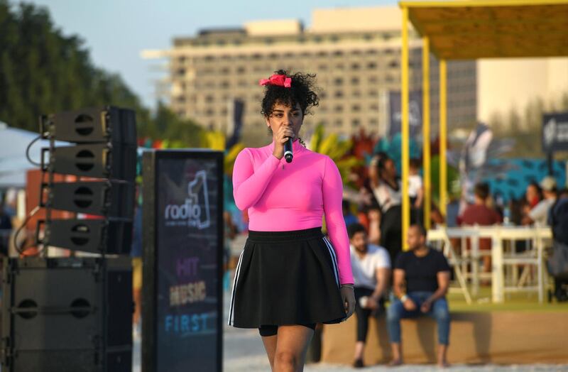 Abu Dhabi, United Arab Emirates - RnB singer Sarah Shebani performs for the audience at Club Social Festival on Yas Beach. Khushnum Bhandari for The National
