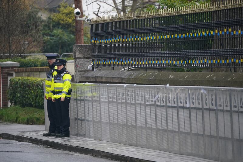 Police outside the Russian embassy in Dublin after the invasion of Ukraine last year. PA