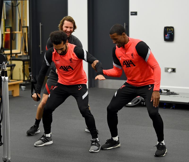 KIRKBY, ENGLAND - NOVEMBER 24: (THE SUN OUT, THE SUN  ON  SUNDAY OUT) Mohamed Salah and Georginio Wijnaldum of Liverpool during a training session ahead of the UEFA Champions League Group D stage match between Liverpool FC and Atalanta BC at AXA Training Centre on November 24, 2020 in Kirkby, England. (Photo by Andrew Powell/Liverpool FC via Getty Images)