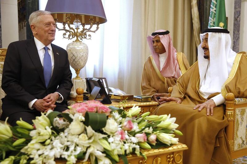 Saudi Arabia's King Salman, right, meets with US defence secretary James Mattis in Riyadh on April 19, 2017. Jonathan Ernst / Pool photo via AP