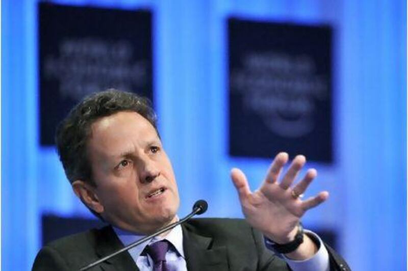 Timothy Geithner, the US Treasury secretary, attends a session on priorities for the US economy in Davos. Fabrice Coffrini / AFP