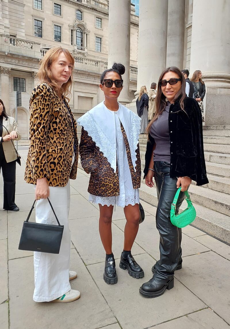 Leopard print and oversized lace collars spotted outside the Royal Exchange in London. 