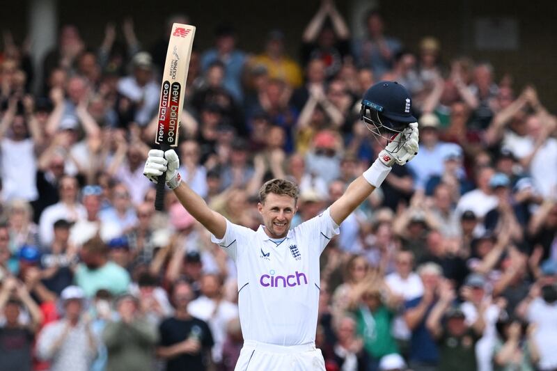 Joe Root celebrates reaching his century at Trent Bridge in Nottingham on Sunday. AFP