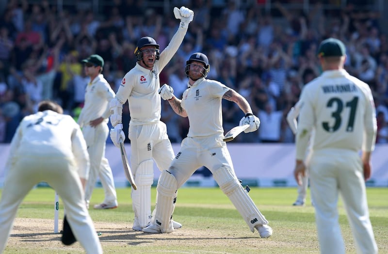 England's Ben Stokes and Jack Leach celebrate after Stokes scored the winning runs on the fourth day of the third Ashes Test at Headingley in Leeds. England beat Australia by one wicket. AFP