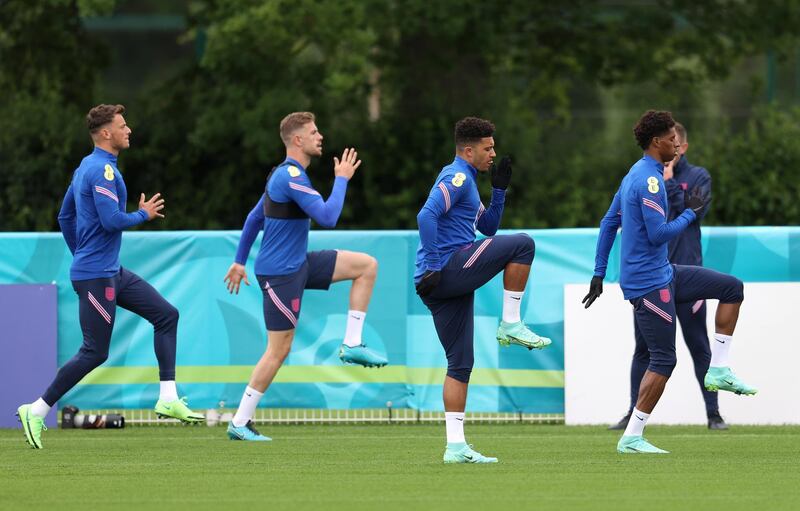 Ben White, Jordan Henderson, Jadon Sancho and Marcus Rashford training with England as they prepare to face the Czech Republic. Getty
