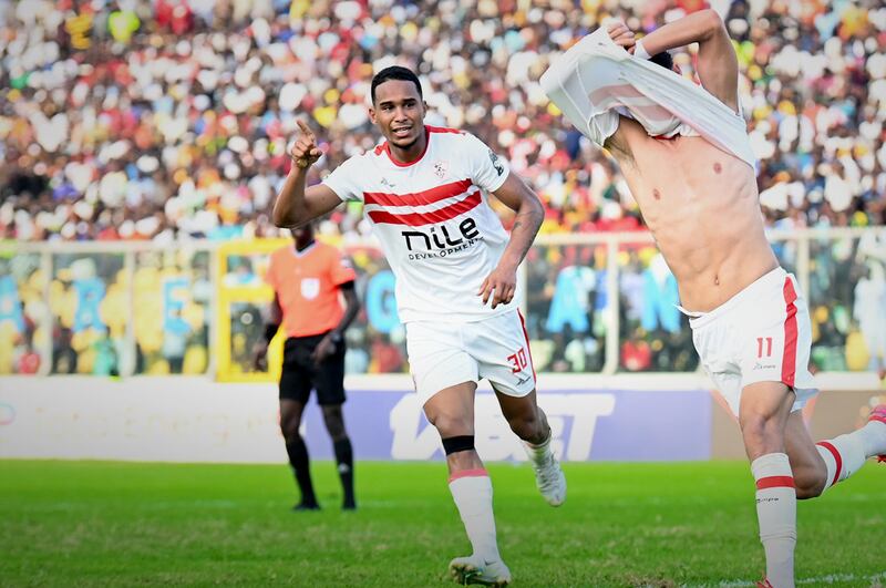 Mostafa Shalaby removes his shirt - for which he later was shown a yellow card - after scoring to make it 3-0 to Zamalek.