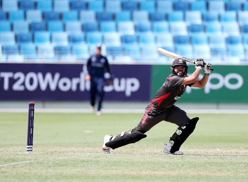 Dubai, United Arab Emirates - October 14, 2019: The UAE's Rameez Shahzad bats during the ICC Mens T20 World cup qualifier warm up game between the UAE and Scotland. Monday the 14th of October 2019. International Cricket Stadium, Dubai. Chris Whiteoak / The National