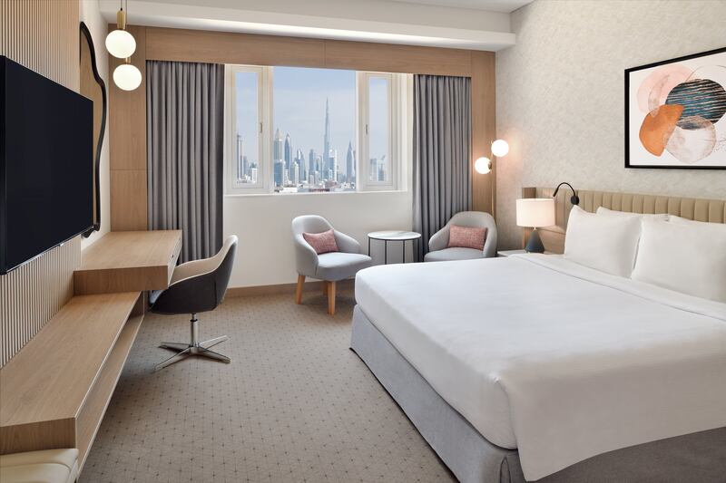 Rooms offer views of the Burj Khalifa, Dubai skyline and Jumeirah beach. Courtesy Crowne Plaza Dubai Jumeirah
