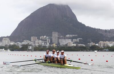RIO DE JANEIRO, BRAZIL - AUGUST 08:  Alex Gregory, Mohamed Sbihi, George Nash and Constantine Louloudis of Great Britain during the Men's four heat 3 on Day 3 of the Rio 2016 Olympic Games at the Lagoa Stadium on August 8, 2016 in Rio de Janeiro, Brazil.  (Photo by Paul Gilham/Getty Images)