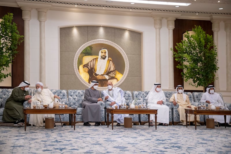 Mohamed Ould Ghazouani, President of Mauritania, with Sheikh Hamdan bin Zayed, Shaykh Abdallah bin Bayyah, Sheikh Saud bin Rashid Al Mualla, Sheikh Tahnoon bin Mohamed and Sheikh Saif bin Mohamed Al Nahyan.