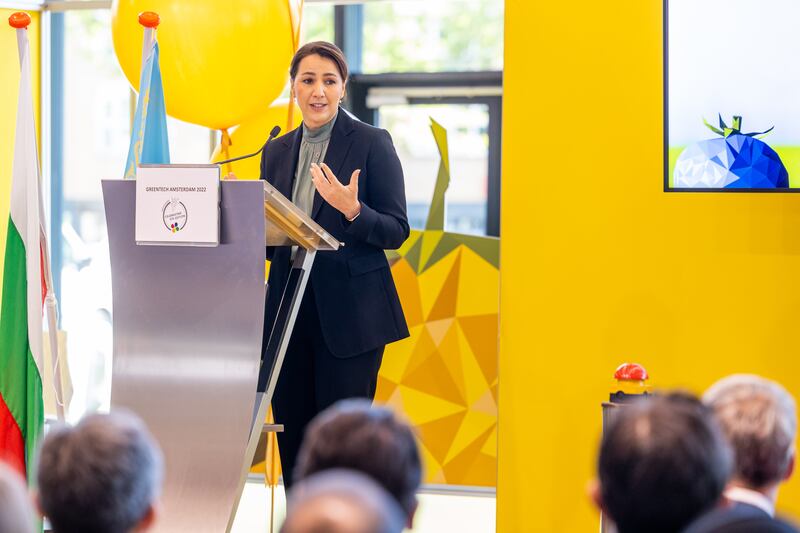 Mariam Al Mheiri, Minister of Climate Change and Environment and Minister of State for Food Security, shares the UAE’s ambitions for sustainable agriculture with her audience in Amsterdam. Photo: GreenTech
