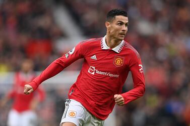 MANCHESTER, ENGLAND - OCTOBER 16: Manchester United striker Cristiano Ronaldo in action during the Premier League match between Manchester United and Newcastle United at Old Trafford on October 15, 2022 in Manchester, England. (Photo by Stu Forster / Getty Images)