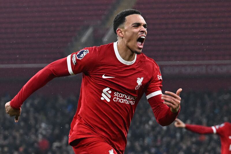 Trent Alexander-Arnold celebrates after scoring Liverpool's fourth in their dramatic 4-3 Premier League win over Fulham at Anfield on December 3, 2023. AFP