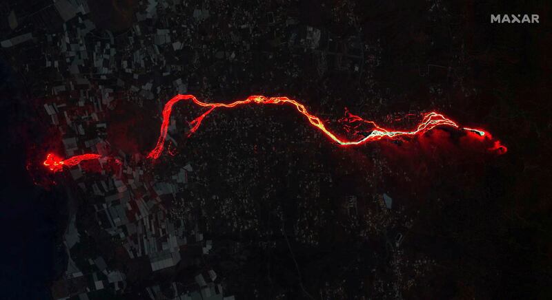 A composite of satellite images show the lava flow from the Cumbre Vieja volcano. Reuters