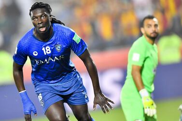 epa08071422 Bafetimbi Gomis of Al Hilal FC celebrates after scoring during the FIFA Club World Cup Qatar 2019 Second round match between Saudi Arabia's Al Hilal FC and Esperance Sportive de Tunis at the Jassim bin Hamad Stadium in Doha Qatar, 14 December 2019. EPA/NOUSHAD THEKKAYIL