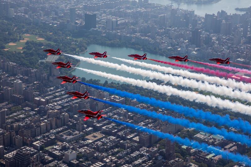 Britain's Royal Air Force aerobatic team the Red Arrows fly over New York City, U.S. Reuters