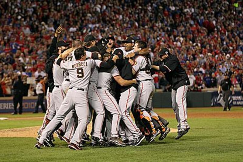 The San Francisco Giants celebrate their World Series victory over the Texas Rangers on Monday night.