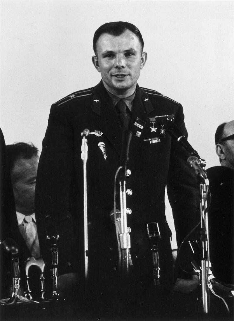 Russian cosmonaut Yuri Gagarin (1934 - 1968) addresses a press conference at the Russian Fair in Earl's Court, 11th July 1961. (Photo by Fox Photos/Hulton Archive/Getty Images)