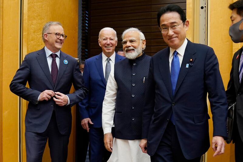 From left, Australian Prime Minister Anthony Albanese, US President Joe Biden, Indian Prime Minister Narendra Modi and Japanese Prime Minister Fumio Kishida at the Quad summit in Tokyo in May 2022. AP