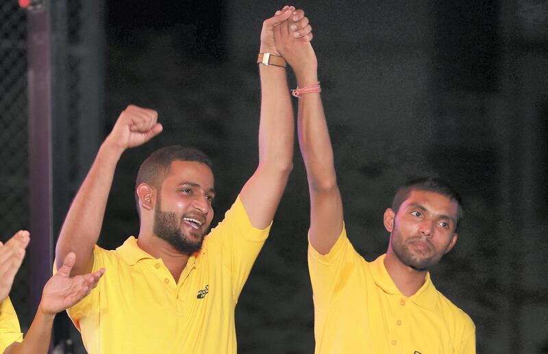 DUBAI , UNITED ARAB EMIRATES, September 27 , 2018 :- Left to Right – Suheb Abdul Razak and Krishna Dev Kumar from India winners of the Western Union Camp Ka Champ season 12 celebrating  during the award ceremony held at Nuzul Accommodation in Jabel Ali Industrial area in Dubai. ( Pawan Singh / The National )  For News/Big Picture/Instagram/Online. Story by Patrick