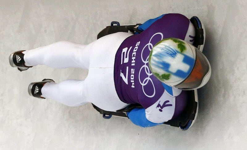 Greece's Alexandros Kefalas wears a helmet inspired by his country's flag. Arnd Wiegmann / Reuters