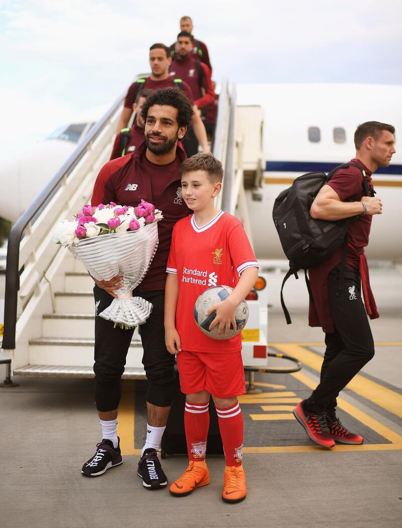 A handout photo made available by the UEFA of Liverpool's Mohamed Salah (front L) arriving ahead of the UEFA Champions League final at IEV Airport in Kiev, Ukraine.  EPA / UEFA / HANDOUT