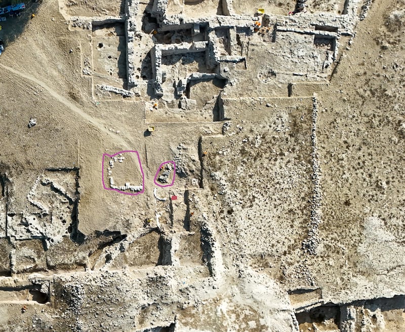 The position of the shrine and the nearby altar, while the dot indicates the place the coins were discovered. Photo: Umm Al Quwain Department of Tourism and Archaeology