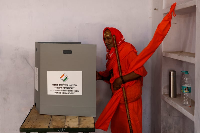 In Varanasi, Uttar Pradesh, a sadhu - a Hindu holy man - casts his vote in India's general election. Reuters