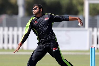 Hassan Khalid during Qalandars' training session for the Abu Dhabi T10 at the Sheikh Zayed Cricket Stadium in November. Pawan Singh / The National